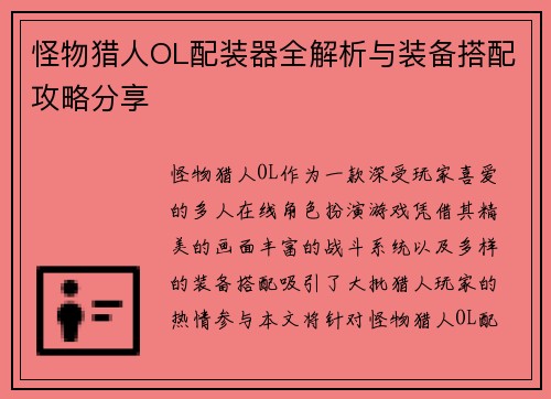 怪物猎人OL配装器全解析与装备搭配攻略分享